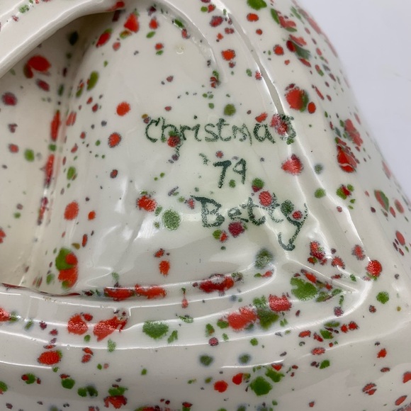 Vintage Spatter White Handmade Ceramic Christmas Bells Candy Nut Or Trinket Dish - Picture 8 of 14